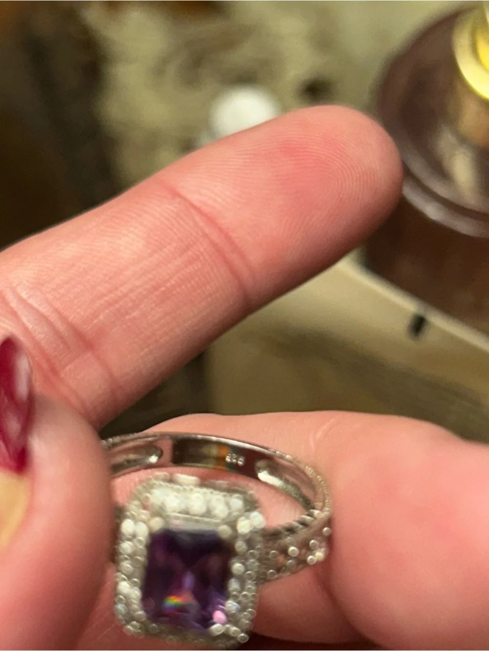 Silver Ring with Purple Gemstone and Halo Accents. Size 7